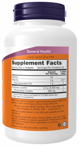 NOW Sunflower Lecithin 1200 mg, Лецитин подсолнечника 1200 мг, 100 капсул