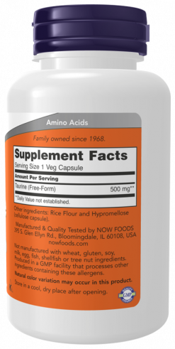 NOW Taurine 500 mg, Таурин 500 мг, 100 капсул