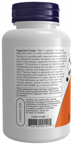 NOW Taurine 500 mg, Таурин 500 мг, 100 капсул
