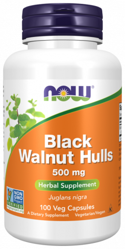 NOW Black Walnut Hulls 500 mg, Черный орех 500 мг, 100 капсул