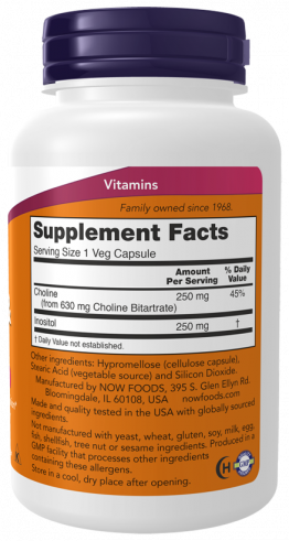 NOW Choline and Inositol 500 mg, Холин и Инозитол 500 мг, 100 капсул
