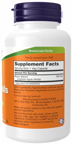 NOW Black Walnut Hulls 500 mg, Черный орех 500 мг, 100 капсул