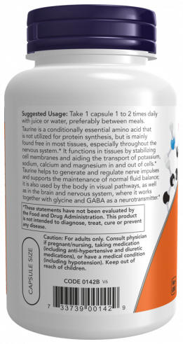 NOW Double Srength Turine 1000 mg, Таурин Двойная сила 1000 мг, 100 капсул