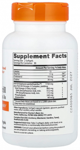 Doctor's Best Enhanced Krill plus with Omega 3s, Омега-3 из масла антарктического криля и рыб, 60 капсул