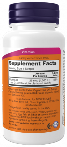NOW High Potency Vitamin D-3 1000 IU, Высокоэффективный витамин Д-3 1000 МЕ, 180 капсул
