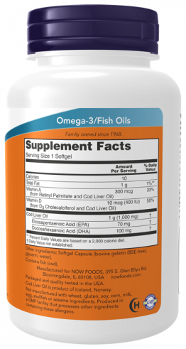 NOW Cod Liver Oil 1000 mg, Рыбий жир из печени трески 1000 мг, 90 капсул